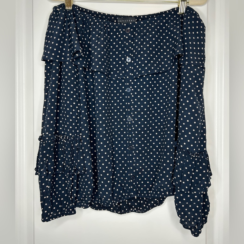 Sanctuary Navy Polka Dot Off-Shoulder Blouse